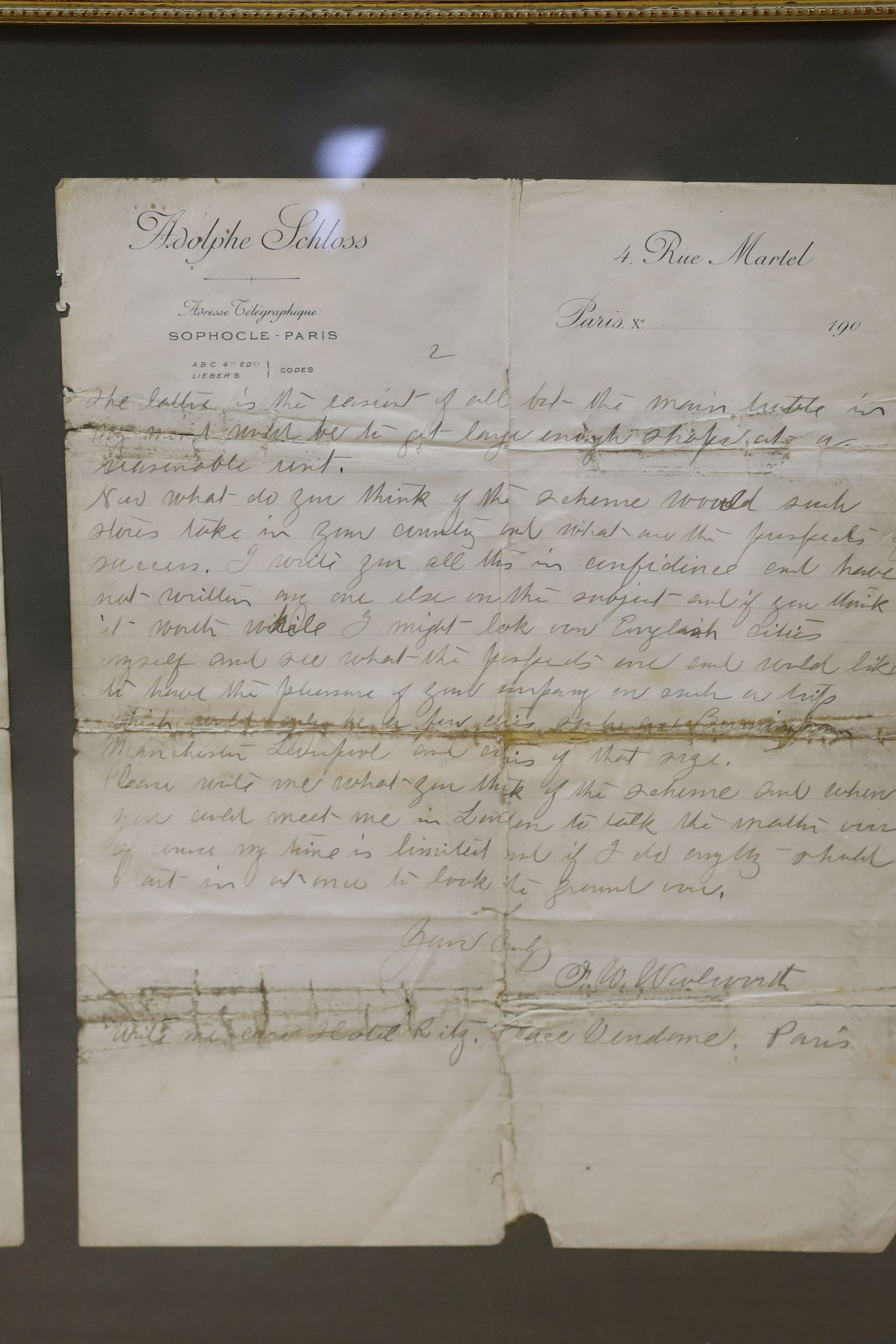 Frank Winfield Woolworth (1852-1919) signed and inscribed letter to 'Friend Brooke' regarding opening Woolworth retail stores in England, dated 10th September 1906 written on Adolphe Schloss Paris headed note paper whils